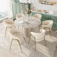 Fortuna Lai Chaise de salle à manger blanche Chaise de salle à manger moderne en velours d'agneau doré à la bombe, finition dorée (6 pièces), chaise de salle à manger avec pieds dorés