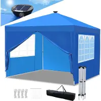 TolleTour Pavillon pliable 3x3m bleu avec éclairage solaire LED avec parois latérales tente de réception protection UV réglable en hauteur avec sac de transport, pour extérieur jardin camping