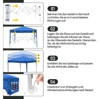 Aopunly Pavillon Pliable 3x3m Bleu avec éclairage solaire LED avec parois latérales Tente de réception protection UV réglable en hauteur avec sac de transport, pour le jardin en plein air Camping
