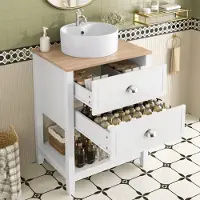 Fortuna Meuble sous-vasque Lai avec vasque ronde en céramique – Lavabo simple avec 2 tiroirs et compartiment de rangement ouvert – Meuble de salle de bain sur pied avec vasque en blanc et aspect bois