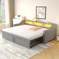Fortuna Lai Lit rembourré Canapé-lit convertible 90/180 x 200 cm, compartiment de rangement multifonctionnel, éclairage LED et prise USB, avec sommier à lattes, gris clair