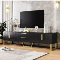 Merax Armoire TV avec 2 tiroirs et 4 portes, Table basse TV haute brillance avec socle doré, Tableau TV 170x40x53cm, Noir