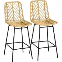 Fortuna Lai Lot de 2 tabourets de bar avec dossier Chaises de bar au design bohème, rotin PE, repose-pieds inclus, 42,5 cm x 52 cm x 102 cm, jaune + noir