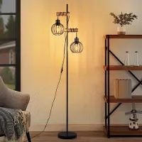 ZMH Lampadaire Salon Lampadaire Noir Bois Métal Industriel E27 Vintage Lampe à poser 2 flammes avec abat-jour Cage Rétro 152cm
