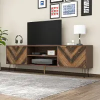 Fortuna Lai Armoire TV à deux portes, portes en placage de bois massif. Armoire TV avec deux compartiments, panneau bas, armoire TV. Poignées dorées et pieds en fer