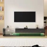 Fortuna Lai Armoires TV brillantes Buffet bas, 170cm Armoire TV avec éclairage LED, avec 2 tiroirs, séparations en verre Tablette, Meuble de salon moderne (noir)
