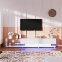 Fortuna Lai Armoire TV haute brillance Buffet bas, 170cm Armoire TV avec éclairage LED, avec 2 tiroirs, séparations en verre Tablette, Meuble de salon moderne (blanc pur)