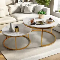 Fortuna Lai Table basse Table d'appoint en optique marbre (set, 2-St), emboîtement 2 en 1, Ø 80 x 45/Ø 60 x 33 cm, structure en métal