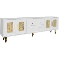 Fortuna Lai 177 cm Armoire TV rétro, poignées dorées, 2 tiroirs, porte en rotin et pieds en bois massif, blanc