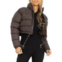 ASKSA Veste Femme Tampon Court Col Debout Matelassé Epais Veste d'hiver Outdoor, Marron, L