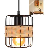 ZMH Lampe à suspendre en rotin Vintage Lampe à suspendre 1 flamme en bois Lampe à suspendre de cuisine Lampe de table à manger Abat-jour noir Panier pour salle à manger