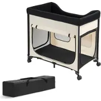 SucceBuy Lit surélevé pour animaux domestiques (L), lit pliant pour chiens en tissu Oxford 600D et velours hollandais, lit portable avec roulettes, poches latérales et sac de transport, beige