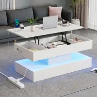 Fortuna Lai Table basse moderne avec éclairage LED et espace de rangement dissimulé - Table d'appoint avec levage hydraulique, 100*50*42 cm, charge maximale 50 kg
