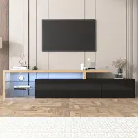 Merax Meuble TV haute brillance avec éclairage LED, adapté aux téléviseurs de 70 à 79 pouces, meuble TV bas avec 3 compartiments et étagères en verre, contrôle via application, couleur noire