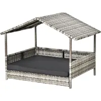 Fortuna Lai Nichoir en rotin avec coussin, lit pour chien en forme de maison, niche d'extérieur, structure en acier, plastique, gris, 69 x 98 x 70 cm