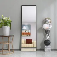 Fortuna Lai Miroir sur pied avec cadre métallique doré 162x53cm, Grand miroir de vestiaire HD Miroir rectangulaire pour le salon ou le dressing, noir