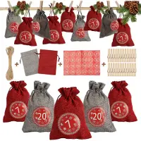 Yakimz 24 Calendriers de l'Avent à remplir, Calendrier de l'Avent Sacs en tissu avec 1-24 sacs en toile de jute,Rouge/Gris