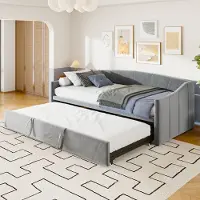 Fortuna Lai Lit de jour 90x200cm/180x200cm Lit gigogne, Canapé-lit extensible avec sommier à lattes et accoudoirs, Lit rembourré en velours Lit d'enfant Canapé-lit, Gris