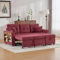 LVHOM Canapé-lit 3 en 1 avec USB et LED, Canapé 3 places avec fonction sommeil, Canapé-lit avec étagère latérale, Canapé modulable avec ottomane, tissu velours côtelé, rouge