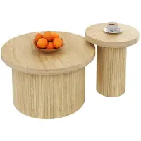 Fortuna Lai Lot de 2 tables basses multifonctionnelles, double table ronde avec lattes en bois naturel