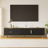Fortuna Buffet TV Lai pour téléviseur 70-79 pouces, Plateau bas à texture sculptée, meuble TV en panneaux de particules, 2 casiers et 2 tiroirs, Buffet TV moderne, 175 x 40 x 45 cm Noir