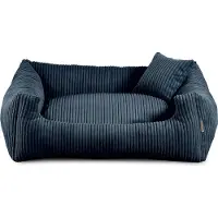 POOM Lit pour chien - matériau doux et nervuré avec remplissage en mousse de polyuréthane, résistant aux salissures, en différentes couleurs et tailles, petit coussin inclus (L - 90x75, bleu marine)