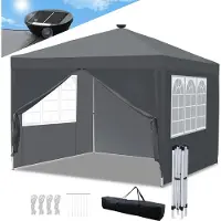 TolleTour Pavillon pliable 3x3m Gris avec lumière solaire Led avec parois latérales Tente de réception protection UV réglable en hauteur avec sac de transport, pour extérieur jardin camping