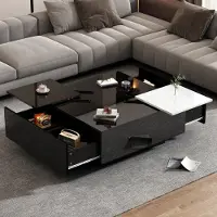 Fortuna Lai Table basse moderne carrée noire brillante avec étagères 75*75*33,5 cm, petit plateau coulissant blanc contrastant, capacité de charge max. 30 kg