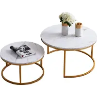 Fortuna Lai Lot de 2 tables basses rondes Table d'appoint (imitation marbre) pour le salon, grande taille : 80x80x45cm ; petite taille : 60 x 60 x 33 cm,Or