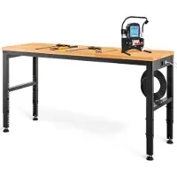 SucceBuy Établi réglable en hauteur 122cm L x 61cm P x 97cm H Table de garage 900KG Capacité de charge Prises de courant Plateau en bois dur Cadre métallique Patins de pieds Bureau Maison