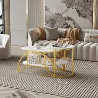 Fortuna Lai Set de 2 tables basses, table d'appoint aspect marbre avec cadre métallique & tablette, table basse table de salon table basse pour le salon, la chambre à coucher (blanc + doré)