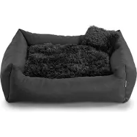 POOM Lit pour chien FN - Coussin doux en peluche avec rembourrage en mousse de polyuréthane, anti-salissures et confortable, petit coussin inclus (S - 65x55, gris foncé)