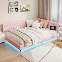 Fortuna Lai Lit de jour Lit capitonné 140x200cm avec LED et connexion USB, Canapé-lit avec sommier à lattes en peluche Teddy, Lit fonctionnel Lit double Lit d'enfant, Rose