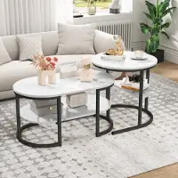 CDGlobal Ensemble de 2 tables basses avec piètement en fer, Table de salon aspect marbre, Table basse Table de salon Moderne