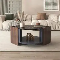 Fortuna Table basse 96.5x63x40cm, plateau en marbre, noyer en couleurs contrastées, table de salon aux lignes uniques