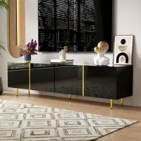 MODFU Meuble TV - Banc TV Bas Noir Brillant Avec 4 Portes Et Détails Dorés, Structure En MDF Stable - 170x35x46 Cm