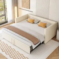 Fortuna Lai Lit de jour 90x200cm/180x200cm Lit gigogne, Canapé-lit extensible avec sommier à lattes et accoudoirs,Velours Lit rembourré Lit d'enfant Canapé-lit,Beige