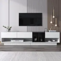 Merax Meuble TV laqué brillant avec 3 tiroirs et 2 compartiments, meuble TV pour écrans de 50 à 59 pouces, meuble bas TV avec espace de rangement en MDF et en panneaux de particules, noir et blanc