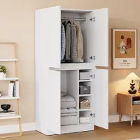 SUCCESS COURIER Armoire à 2 portes 70 x 170 x 40 cm, blanche, style moderne, armoire à portes battantes, armoire de chambre à coucher avec tringle à vêtements et compartiments de rangement