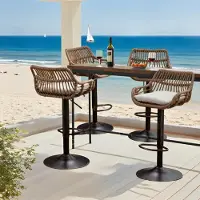 LVHOM Lot de 4 tabourets de bar en rotin avec socle métallique, chaise de bar avec dossier, meubles de jardin balcon, réglable en hauteur tabouret pivotant à 360°, beige