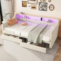 LVHOM Lit de jour 90x200cm avec LED&USB, Lit de jour avec 2 tiroirs, Canapé-lit avec espace de rangement, Lit simple Lit rembourré Lit d'adolescent Lit d'enfant, Beige