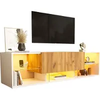 Fortuna Meuble TV 160 x 40 x 42 cm, Meuble TV moderne avec étagère en verre et 2 tiroirs, blanc