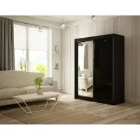 MargaretHadas24 Armoire Venus 200 cm avec 2 portes coulissantes et miroir Livraison à domicile Tringle à vêtements Penderie Armoire (couleur : noir, lacobel noir)