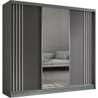 MargaretHadas24 Armoire Neli de 240 cm avec lamelles et miroir, 3 portes coulissantes incluses Armoire à portes coulissantes (couleur : gris, gris, lamelles blanches)