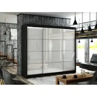 MargaretHadas24 Armoire Porto III 250 cm avec 3 portes coulissantes Livraison à domicile Tringle à vêtements Penderie Armoire (couleur : noir, lacobel blanc, barreaux)