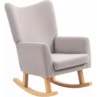 Fortuna Fauteuil à bascule Lai au design rétro, revêtement en velours côtelé, bois de caoutchouc, rembourrage en mousse, dossier haut, fauteuil rembourré, gris clair