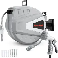 Jayseuw Enrouleur de tuyau Enrouleur de tuyau 20M pivotant à 180° Premium automatique Boîte à tuyau murale avec pistolet à eau, Support mural inclus, Gris