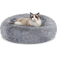 Peviasot Lit pour chien ou chat , diamètre 60 cm, peluche douce, base antidérapante, gris clair