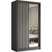 MargaretHadas24 Armoire Erika de 120 cm avec lamelles et miroir, comprenant 2 portes coulissantes, penderie, tringle à vêtements, livraison à domicile (couleur : gris, gris, lamelles blanches)