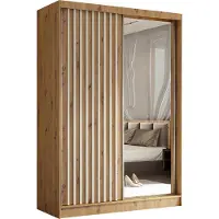 MargaretHadas24 Armoire Erika de 150 cm avec lamelles et miroir, 2 portes coulissantes, penderie, tringle à vêtements, livraison à domicile (couleur : Artisan, Artisan, lamelles blanches)